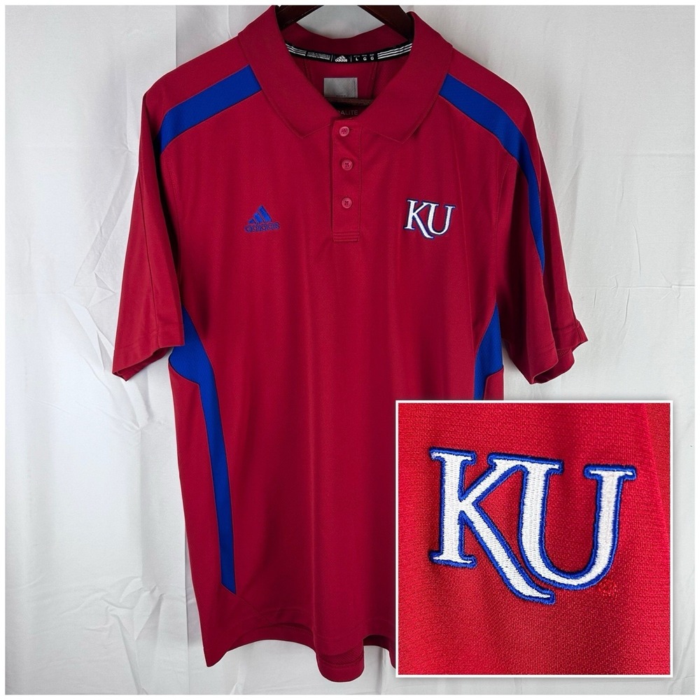 Kansas Jayhawks KU Adidas Climalite Short Sleeve Polo Shirt Men's Size Large Red